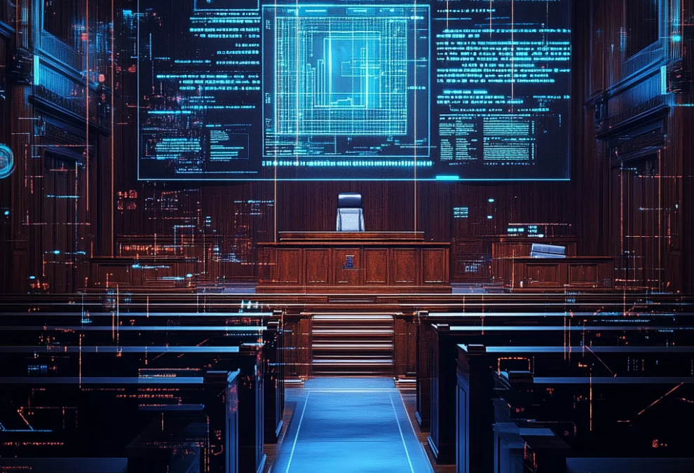 critical ethical challenges in handling sensitive digital evidence- a futuristic court room with a digital panel behind the judges bench