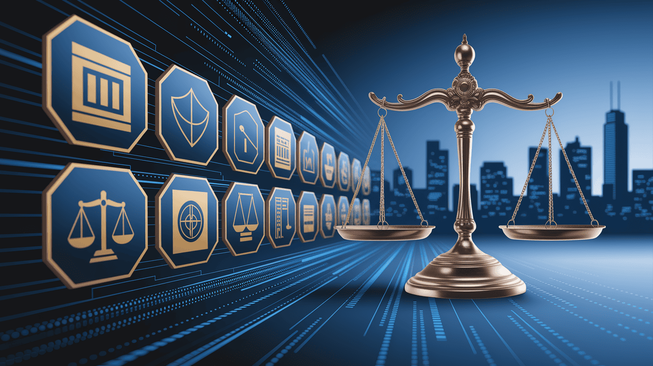 Digital justice scale with legal technology icons representing data privacy, cybersecurity, and information governance.